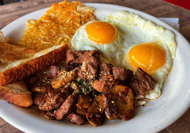 Steak Bites And Eggs.